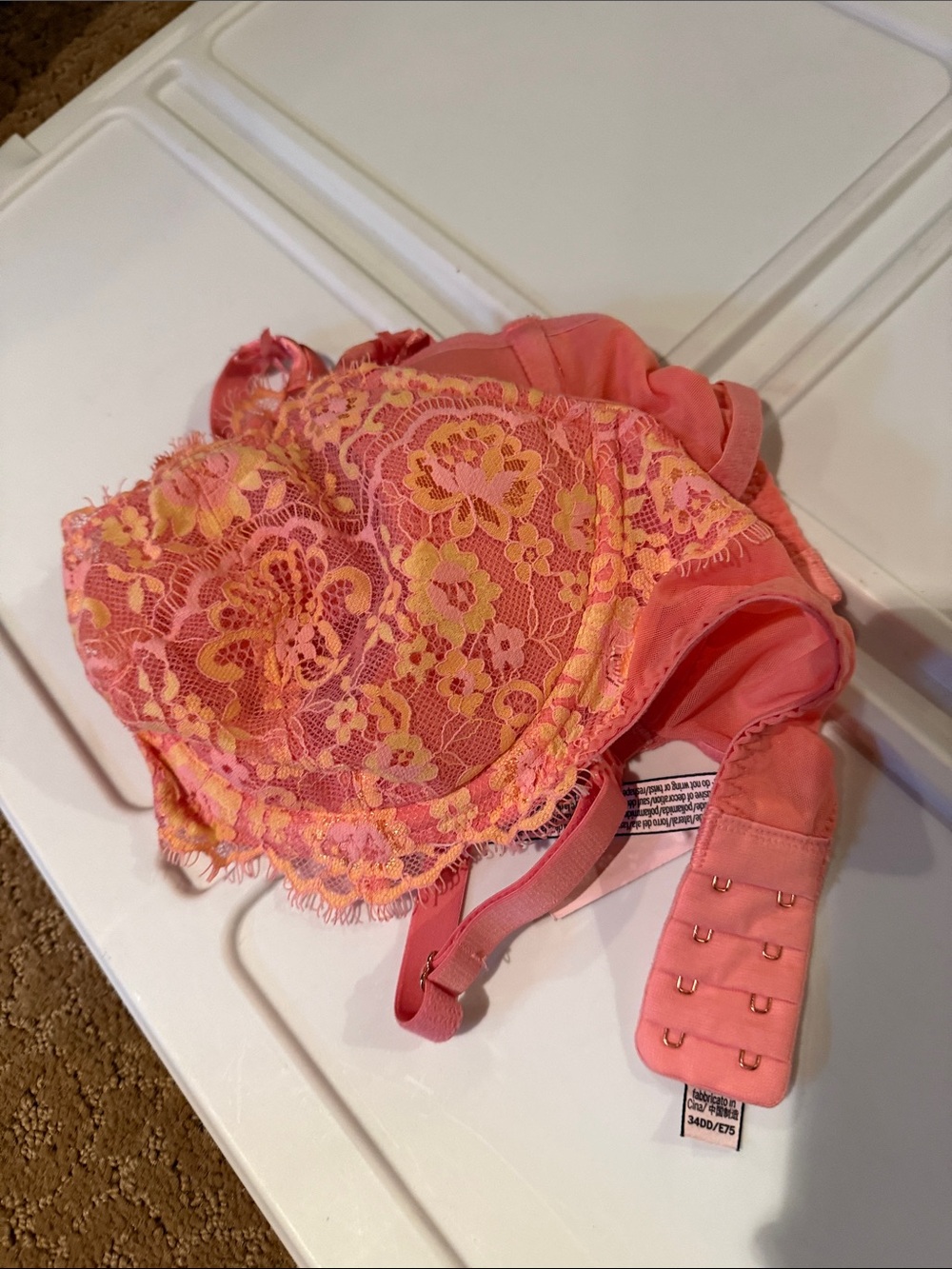 Victoria's Secret Coral Pink Bra with Yellow Floral Lace